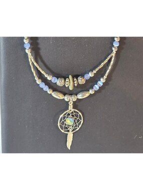Dreamcatcher Pendant Beaded Necklace Blue Silver tone Southwest Mystical Jewelry